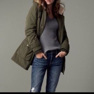 HALOGEN-Light Army Green Fur Trim Hooded Parka Utility Jacket Size Small